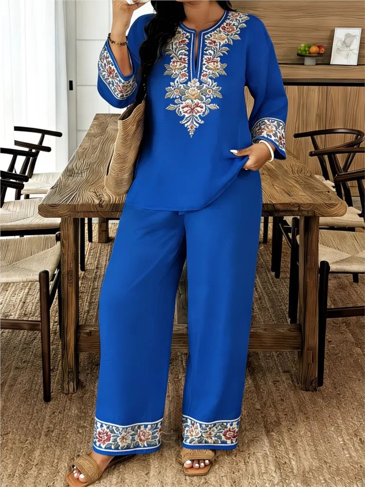 Fashion Retro Printed Long-sleeved O Neck Shirt And Trousers Women's Suit Autum Loose Simple Ethnic Female Trousers 2-piece Set