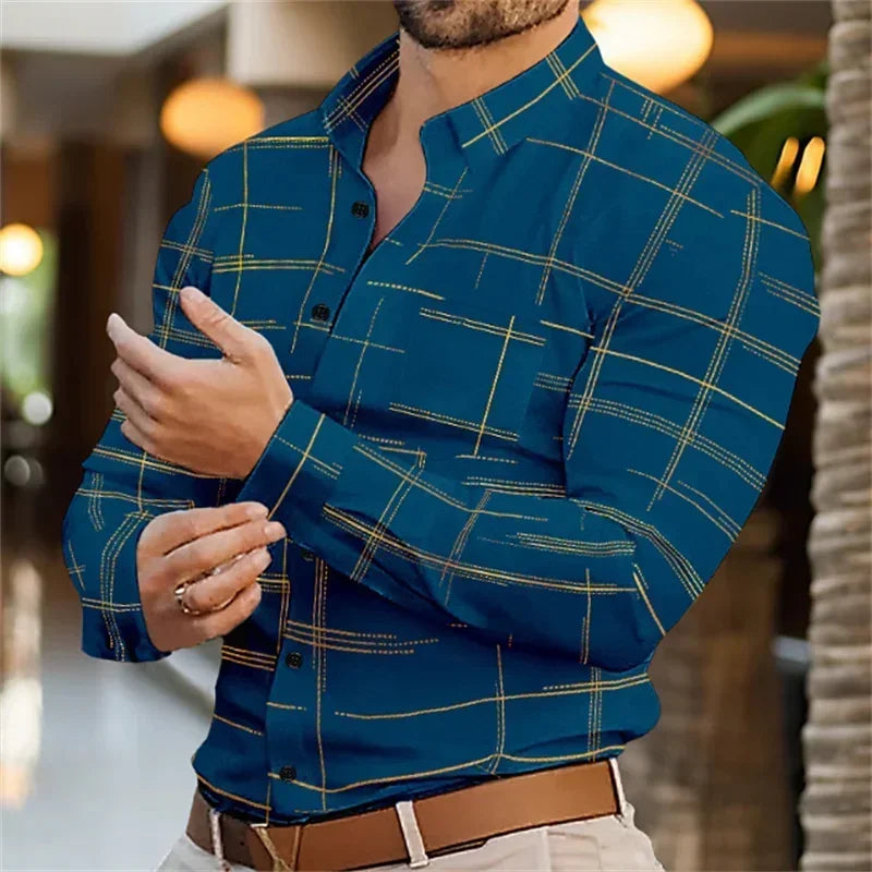 Man wearing a blue checkered shirt with blurred background