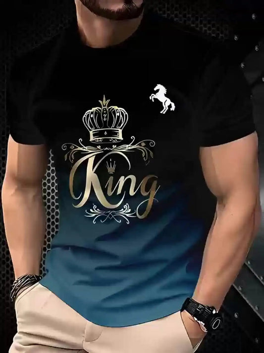 Person wearing a black t-shirt with a 'King' design and a horse logo.