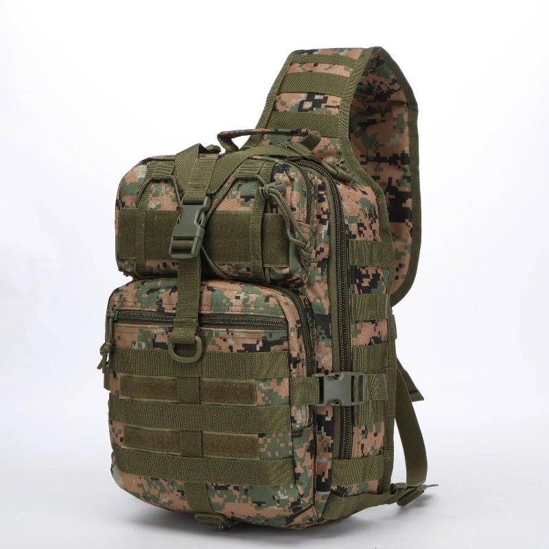 Camouflage backpack with multiple straps and compartments on a white background