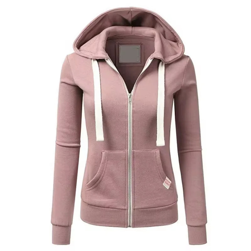 Pink hoodie with a zipper on a white background
