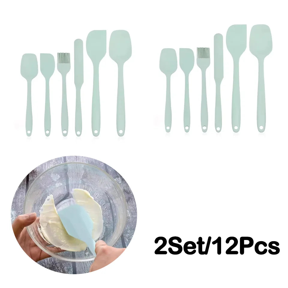 Set of 12 silicone spatulas in light blue color with a close-up of one being used.