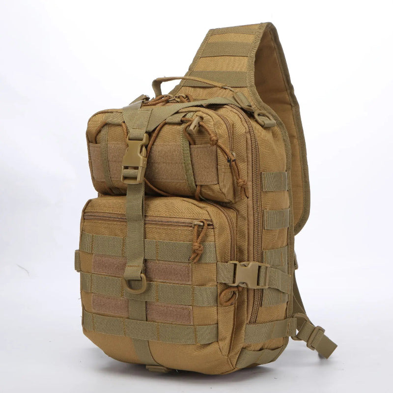 Tan tactical backpack on a white background