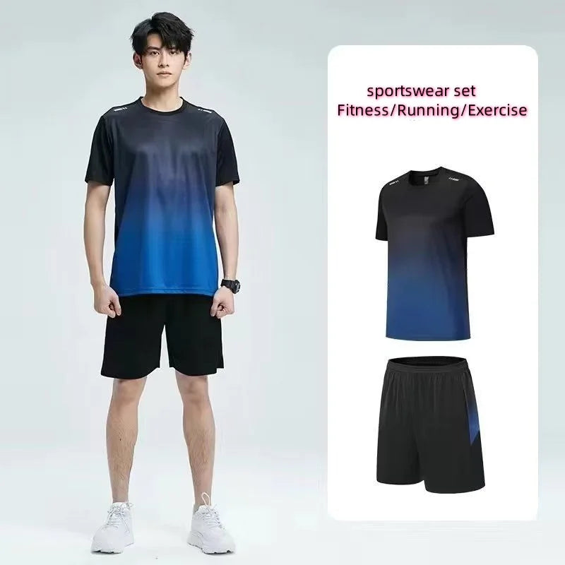 Person wearing a black and blue gradient sports outfit with inset images of the shirt and shorts.