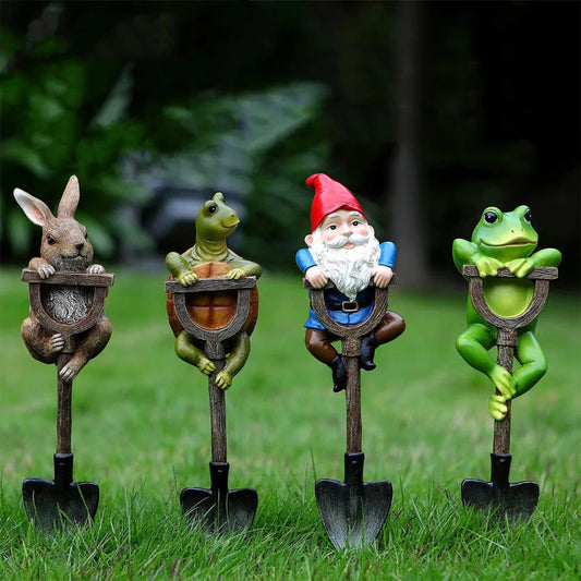 Creative resin garden decorations featuring frog, rabbit, and turtle with shovel for outdoor bonsai, lawn, patio, and balcony display 1