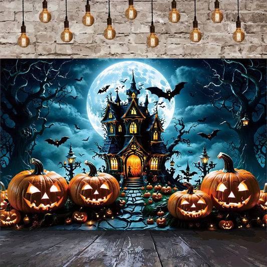 Halloween-themed scene with pumpkins, a haunted house, and bats against a moonlit sky.