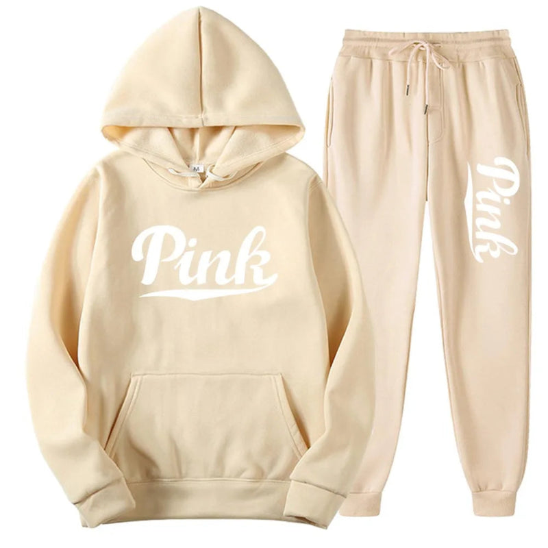 Beige hoodie and pants set with 'Pink' text on a white background
