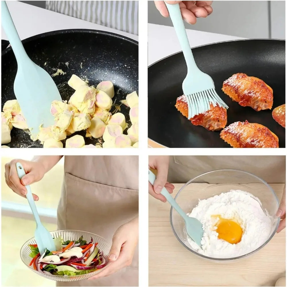 Collage of a blue spatula used in various cooking scenarios.