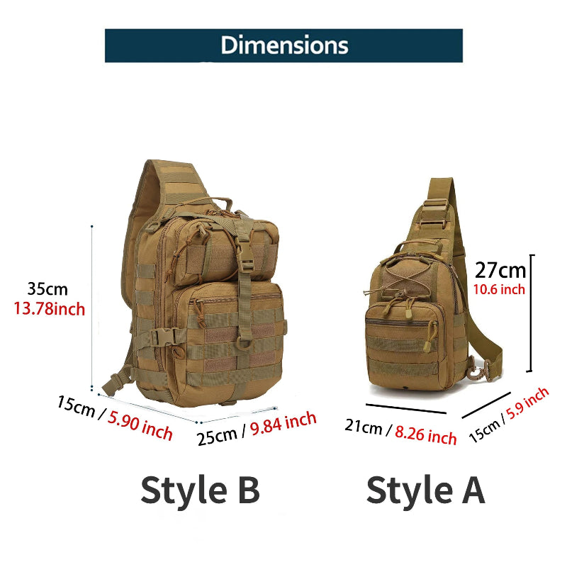 Two tactical sling bags with measurements labeled on a white background