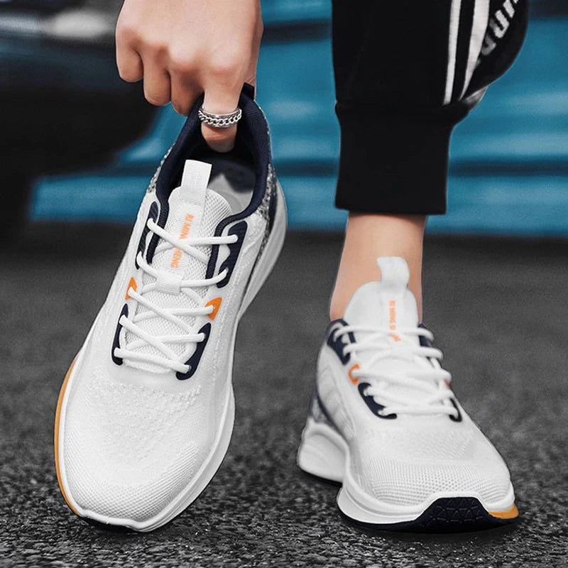 Lightweight men's mesh lace-up sneakers in casual style, breathable vulcanized shoes for walking or everyday wear -  white