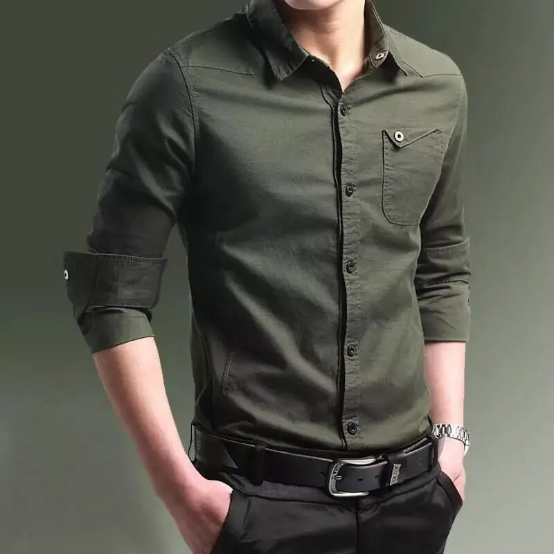 Green shirt worn by a person on a gray background