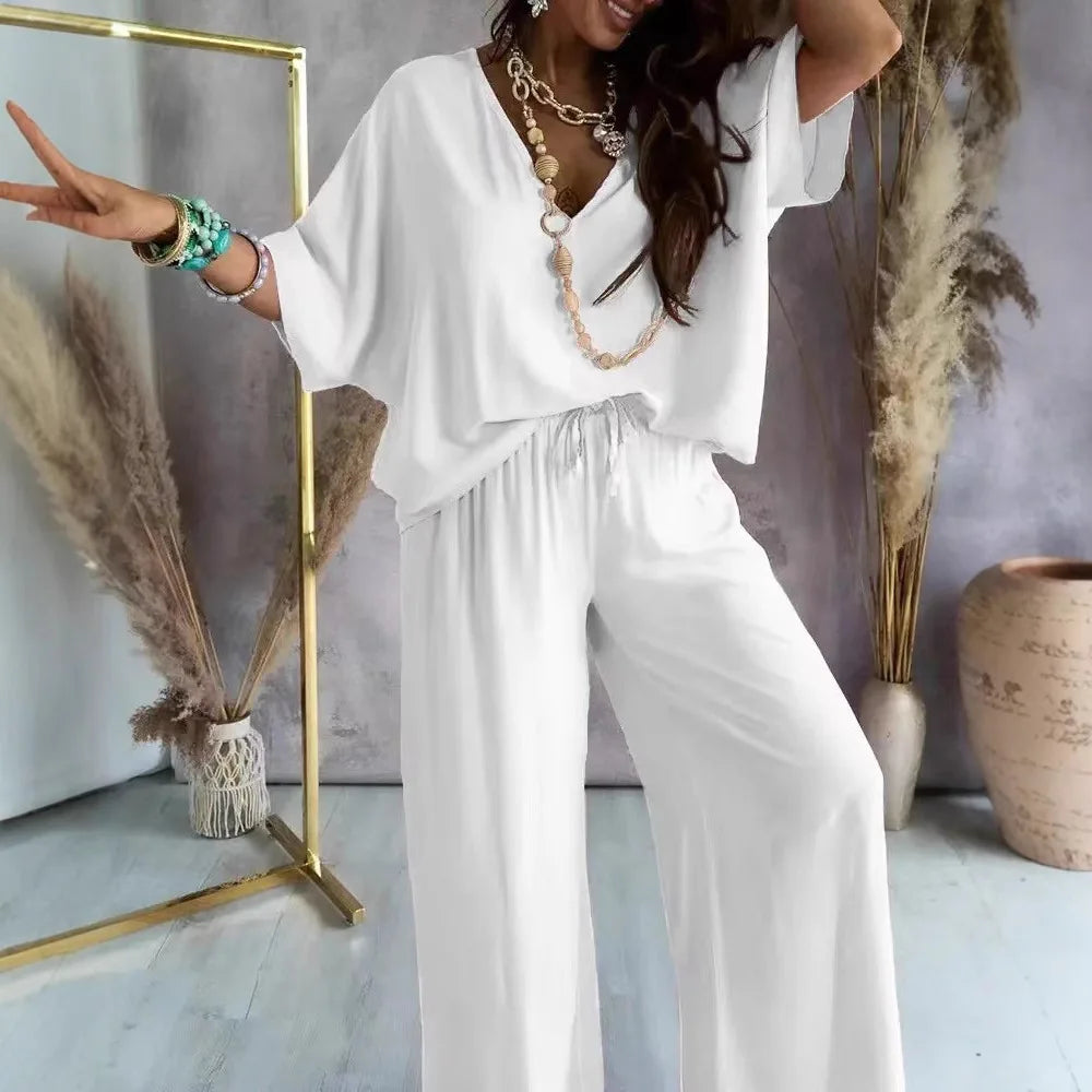 Women’s 2-piece vacation outfit V-neck blouse and wide leg beachwear pants set white