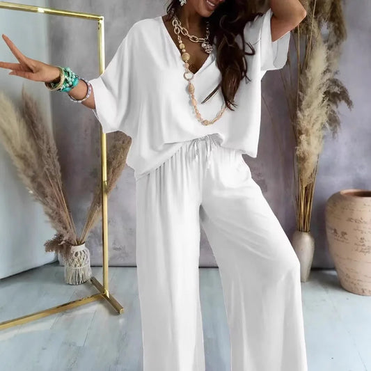 Women’s 2-piece vacation outfit V-neck blouse and wide leg beachwear pants set white