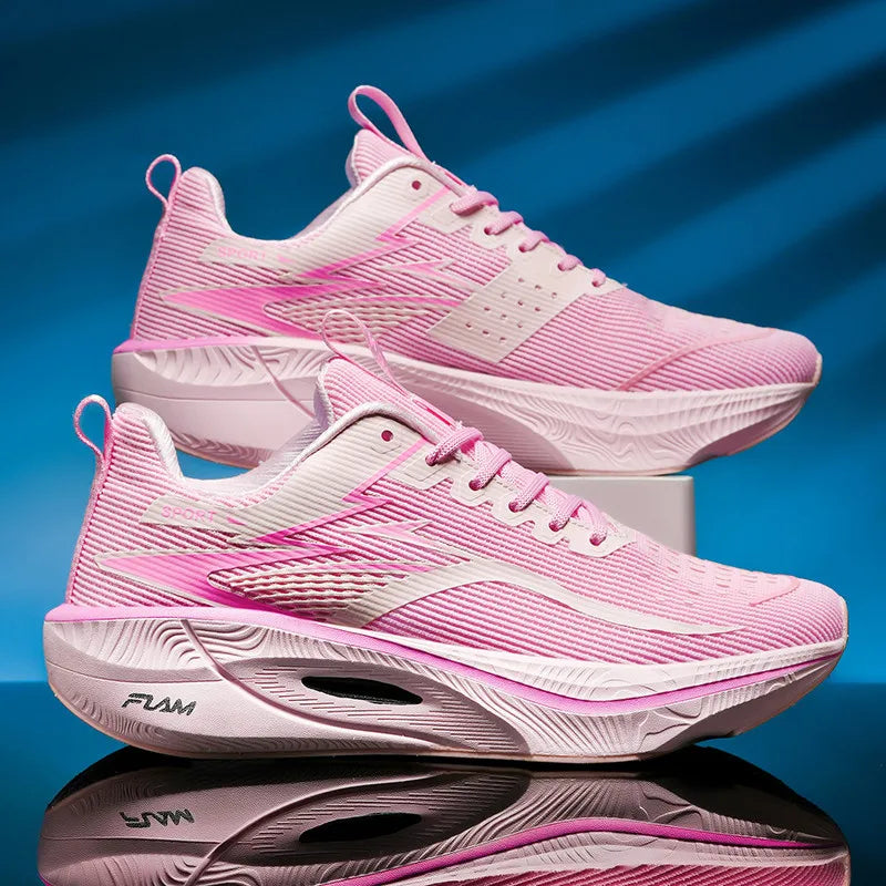 Pink and white running shoes on a reflective surface with a blue gradient background