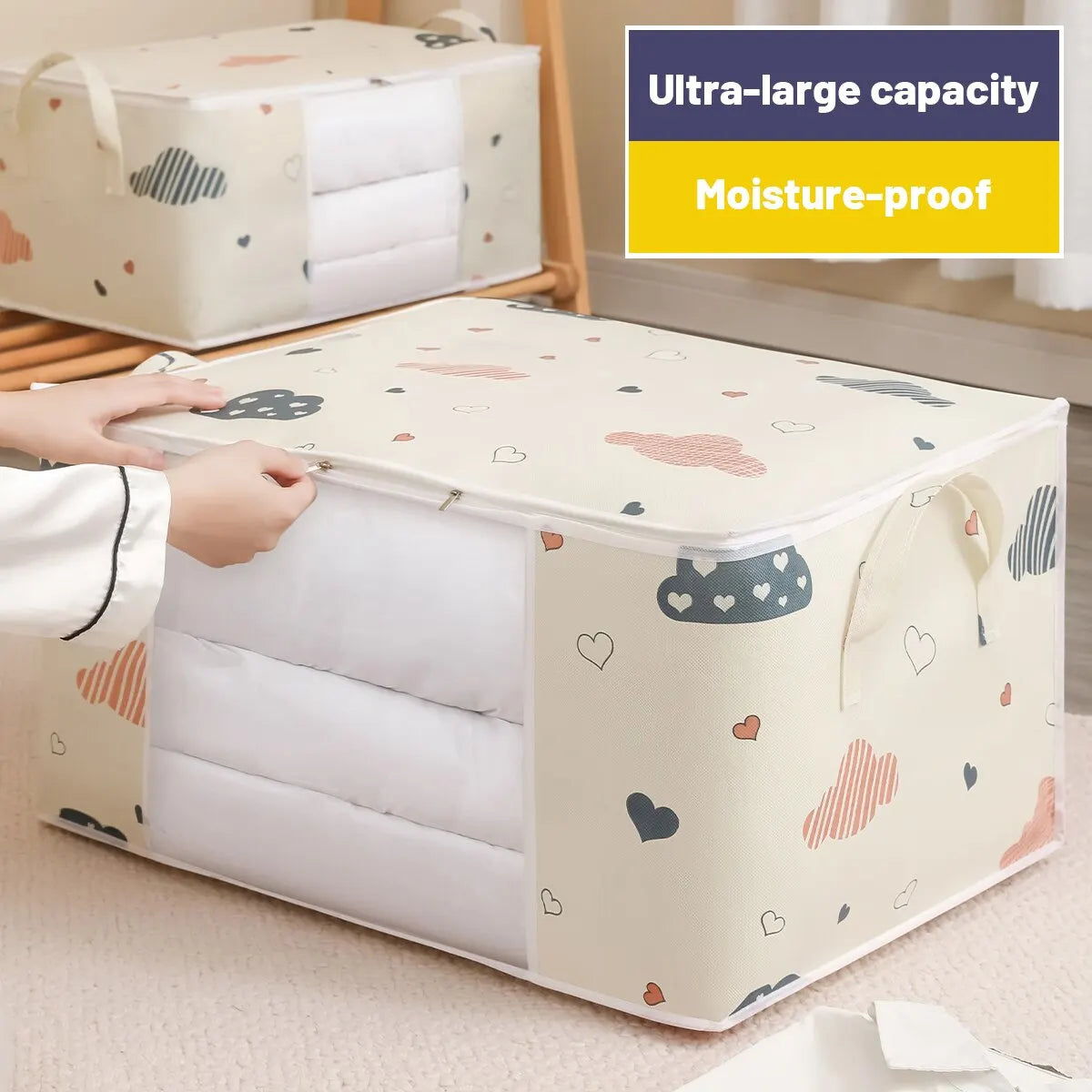 Large storage box with cloud pattern on a light background