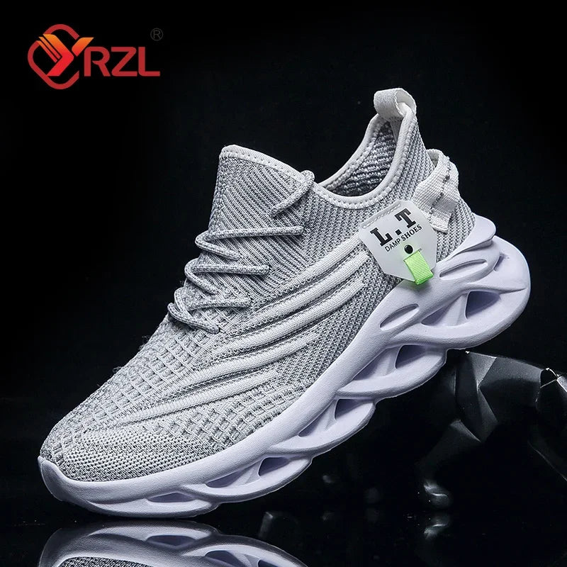 Gray athletic shoe with white sole on a black background