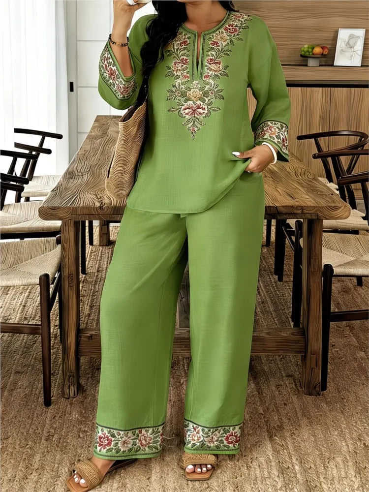 Fashion Retro Printed Long-sleeved O Neck Shirt And Trousers Women's Suit Autum Loose Simple Ethnic Female Trousers 2-piece Set