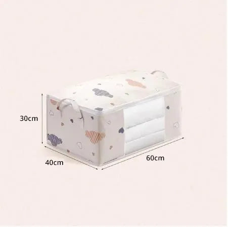 Storage cube with cartoon animal pattern and dimensions on a light pink background