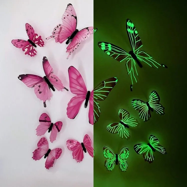 12Pcs 3D luminous butterfly wall stickers for home decor and DIY art. pink and green