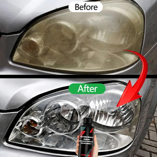 Before and after comparison of a car headlight with a cleaning product.