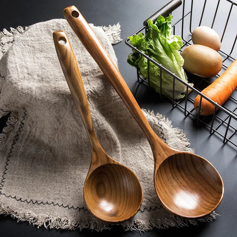 Thailand teak natural wood kitchen utensils set – spoon, ladle, turner, rice colander, soup skimmer, scoop cooking tools 6