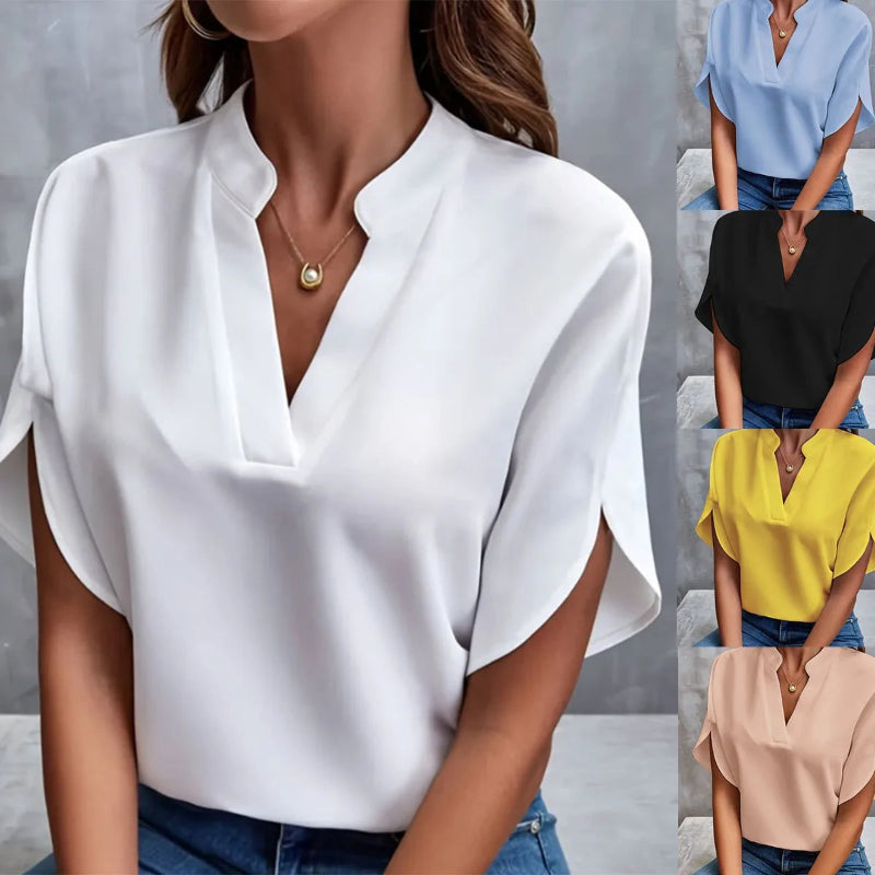 White blouse worn by a model with additional color options shown in smaller insets.