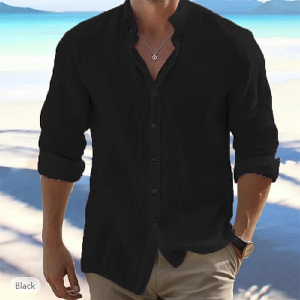 Men’s summer cotton linen long sleeve shirt with stand-up collar in solid color, casual beachwear style, available in plus sizes- black