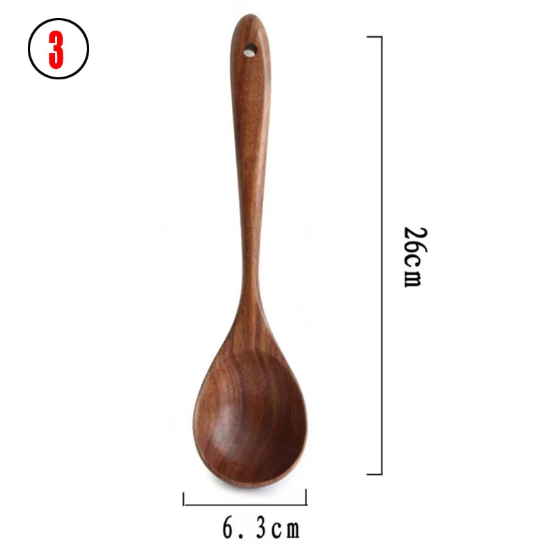 Thailand teak natural wood kitchen utensils set – spoon, ladle, turner, rice colander, soup skimmer, scoop cooking tools size 3