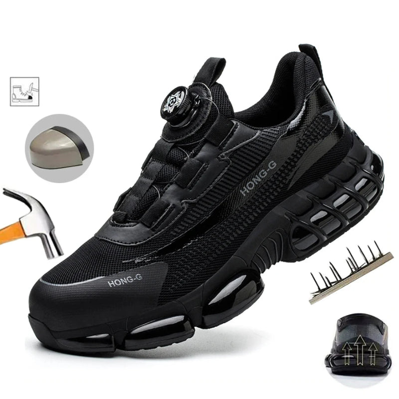 Black athletic shoe with 'HONG-G' branding, surrounded by tools on a white background