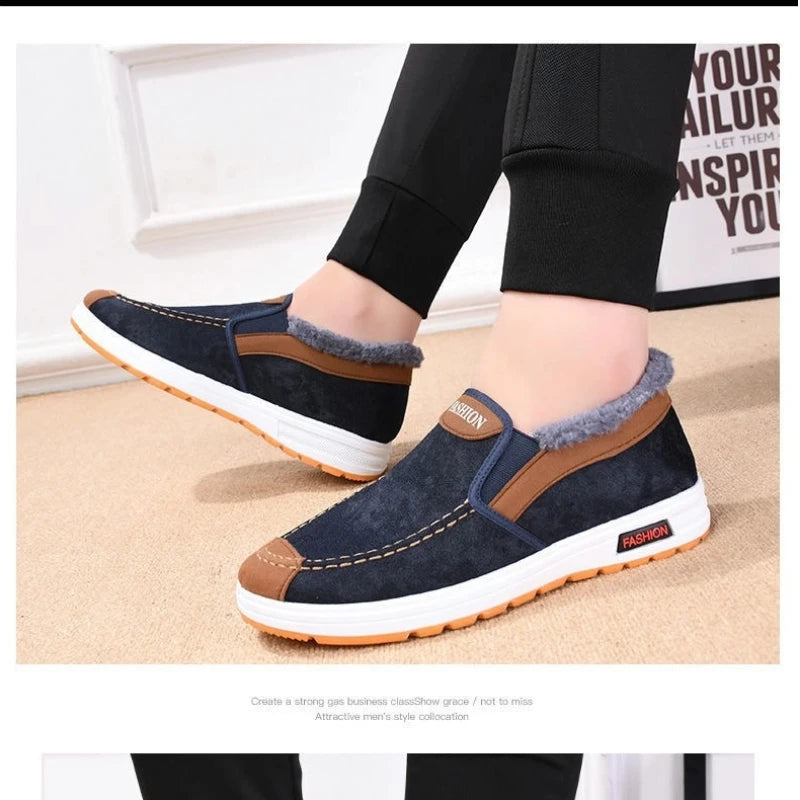 Men’s Winter Warm Slip‑On Sneakers – Plush Casual Cotton Shoes