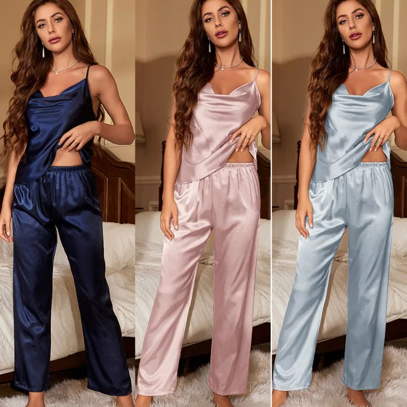 DNLin Thin Ice Silk Pajamas Women's Loungewear Set Sling Top and Sleep Pants Fashion Sexy Casual Outer Wear Home Wear