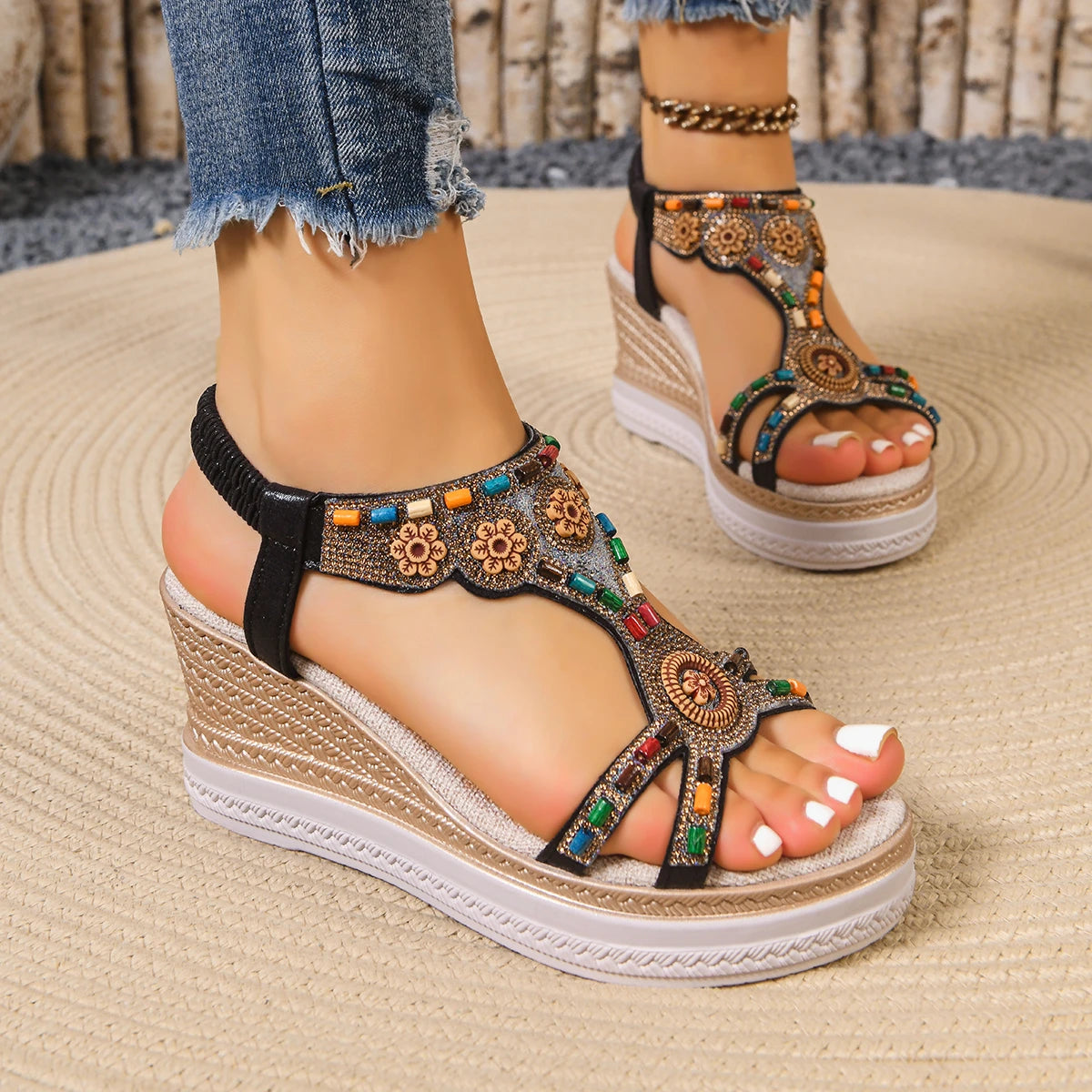Rome Heels Fall New Round Toe Open Toe Rhinestone Platform Non-Slip Wear-Resistant Plus Size Sandals