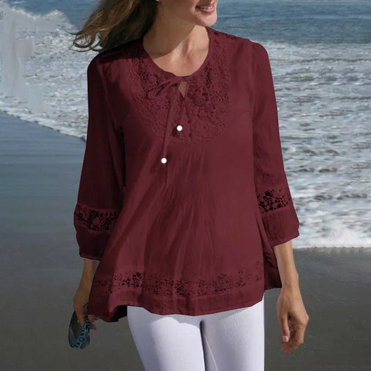 Women’s cotton linen lace blouse loose fit three-quarter sleeve summer top wine