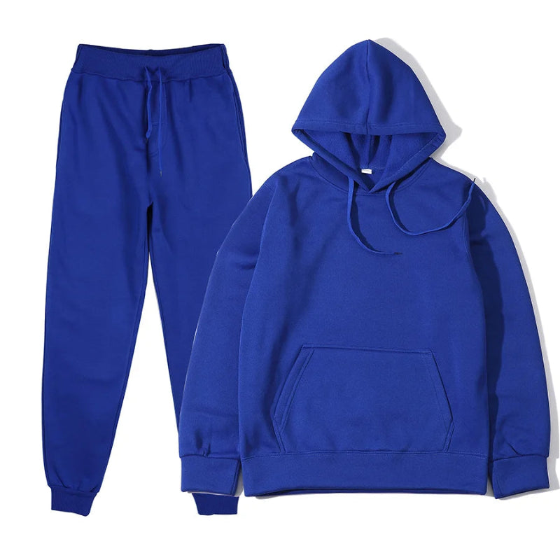 Blue hoodie and jogger pants set on a white background