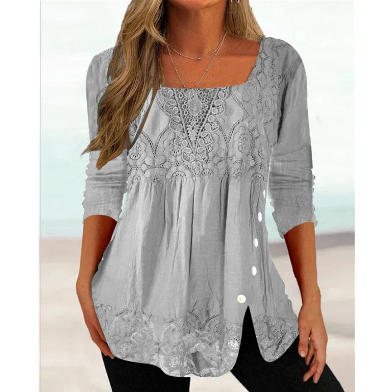 Women Lace Patchwork Vintage Elegant Blouses Summer Fashion Square Collar Solid 3/4 Sleeve Shirts Streetwear Loose Tunic Tops