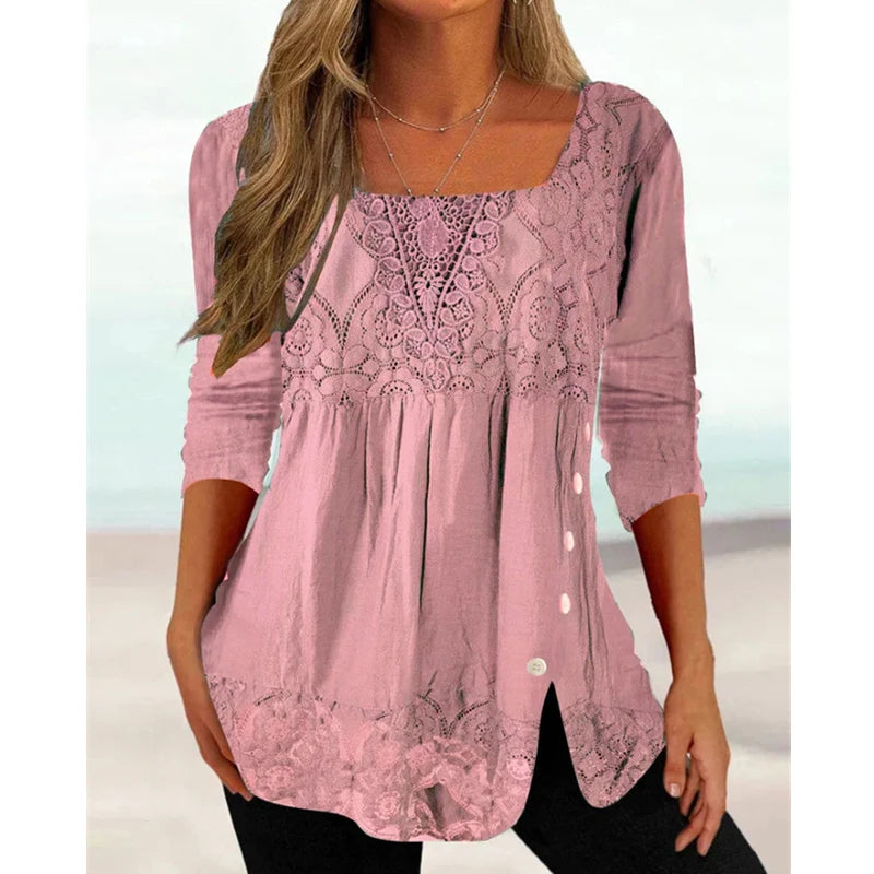Women Lace Patchwork Vintage Elegant Blouses Summer Fashion Square Collar Solid 3/4 Sleeve Shirts Streetwear Loose Tunic Tops