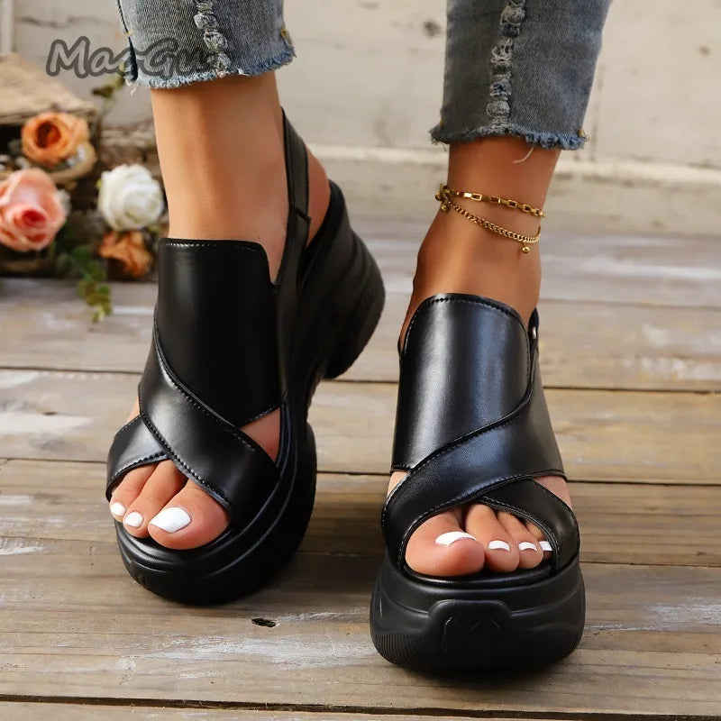 New Summer Fashion Comfortable Round-toe Wedge Light Roman Sandals Non-slip Thick-soled Platform Sandals for Women Sandalias