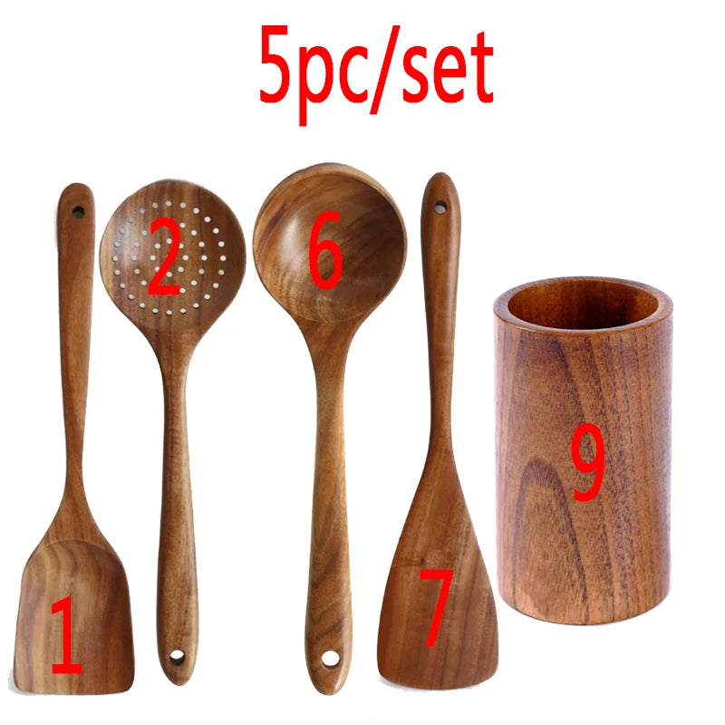 Thailand teak natural wood kitchen utensils set – spoon, ladle, turner, rice colander, soup skimmer, scoop cooking tools 5pc