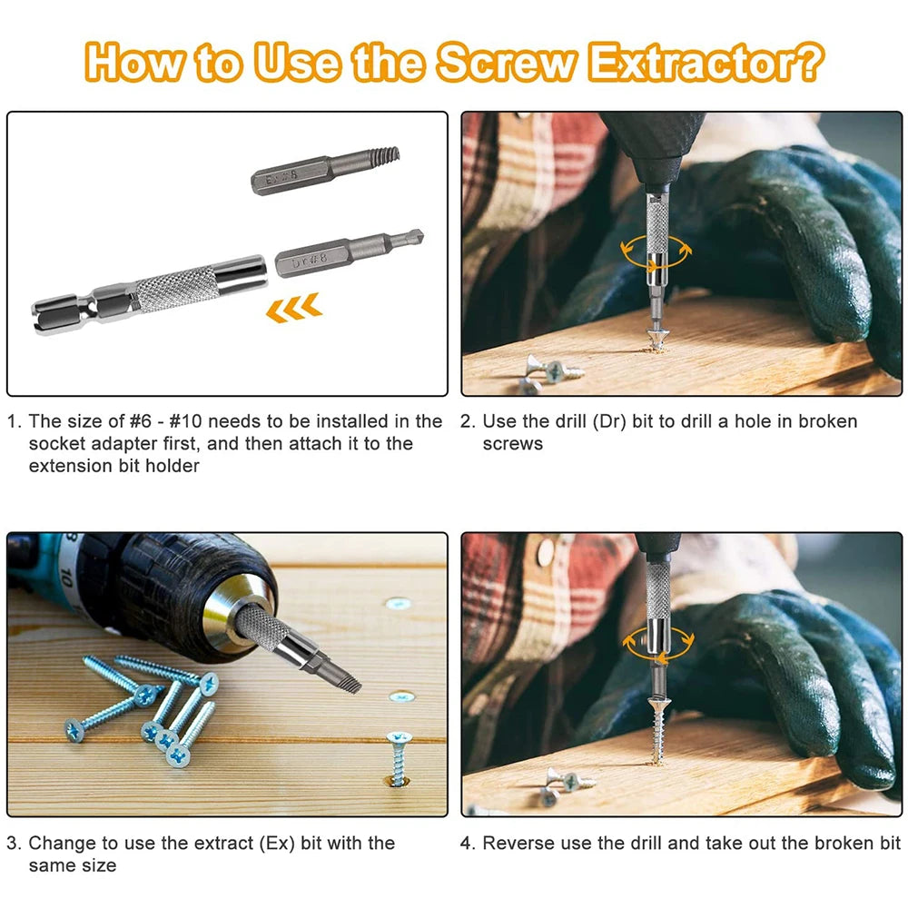 Instructions on how to use a screw extractor with images and text.