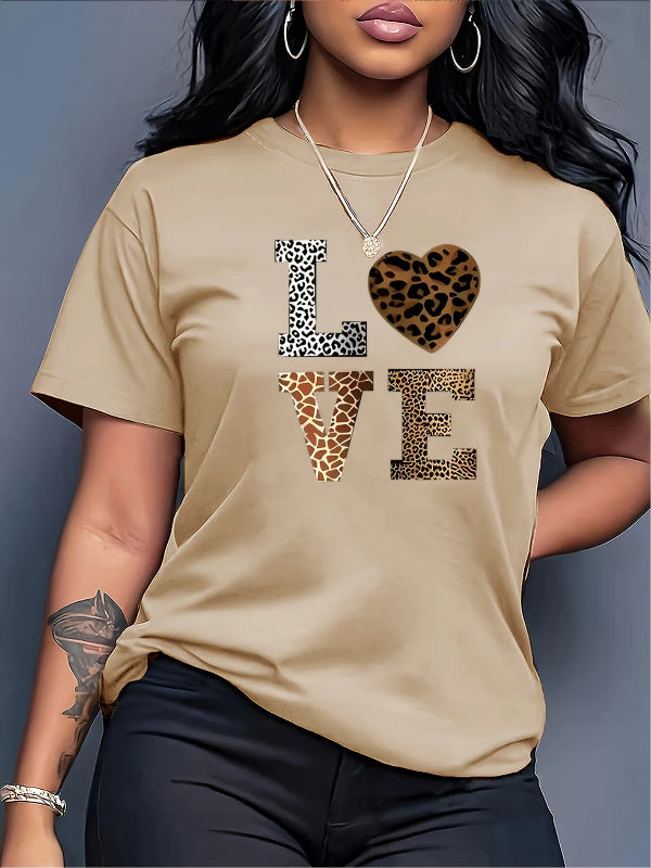 Beige t-shirt with 'LOVE' printed in leopard print worn by a model against a gray background
