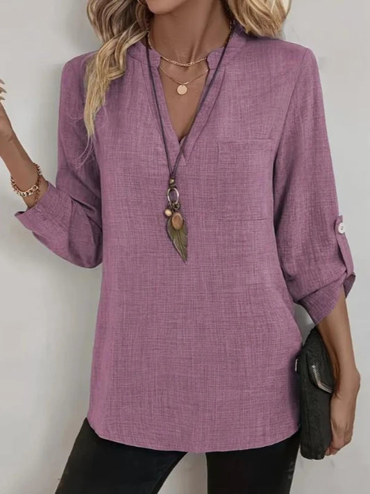 Women Three-quarter Sleeve Solid Color Spring  Elegant V-neck Blouse Autumn Loose Casual Shirts Pocket Pullover 2026 Tops