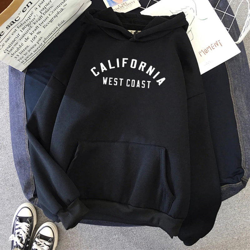 Women's California West Coast loose hoodie with creative pattern and fleece lining -Black 2