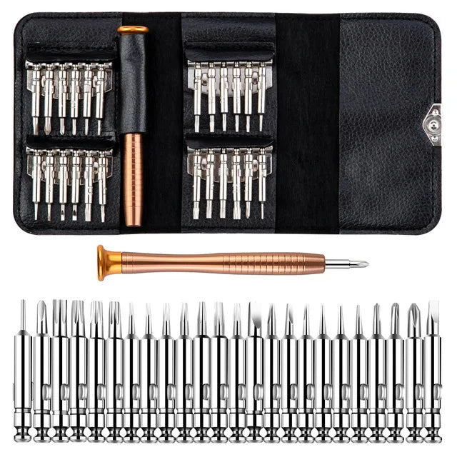 Set of screwdrivers in a black case with additional screws displayed below.
