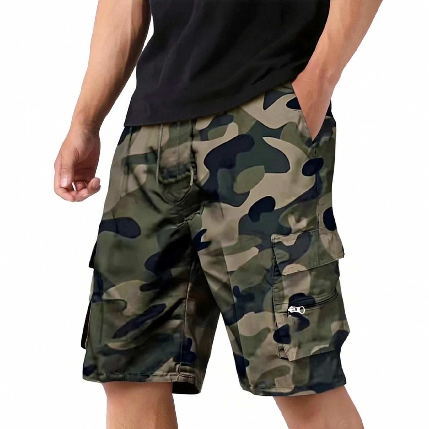 Men'S Casual Cargo Shorts Multi-Pocket Loose Fit Drawstring Waist Summer Outdoor Hiking Shorts Solid Camouflage Color Quick Dry