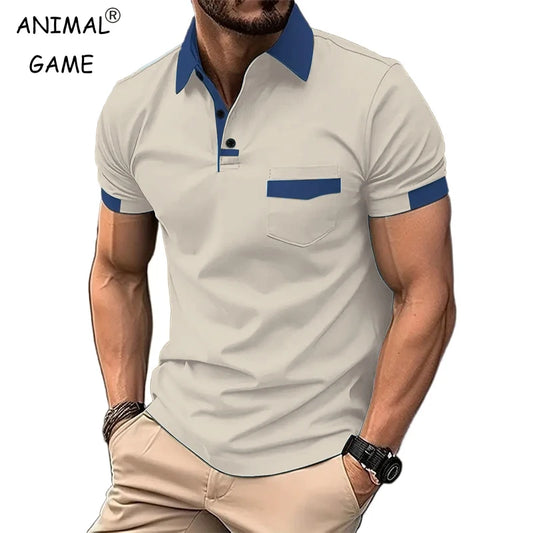 A man wearing a short-sleeved beige polo shirt with blue collar and pocket trim, and light beige shorts.