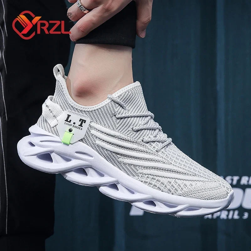 White athletic shoe with unique sole design against a dark background.