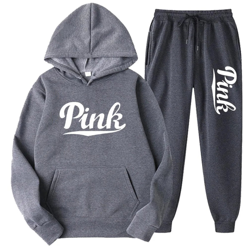 Gray hoodie and jogger set with 'Pink' text on a white background