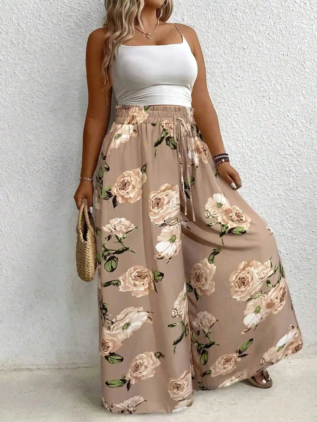 Ladies' plus size printed wide leg pants elegant loose pants imitation drawstring waistband machine washable non stretch fabric