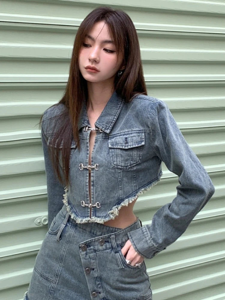 Korean‑Style Denim Coat – Metal Buckle Tassel Short Jacket Women