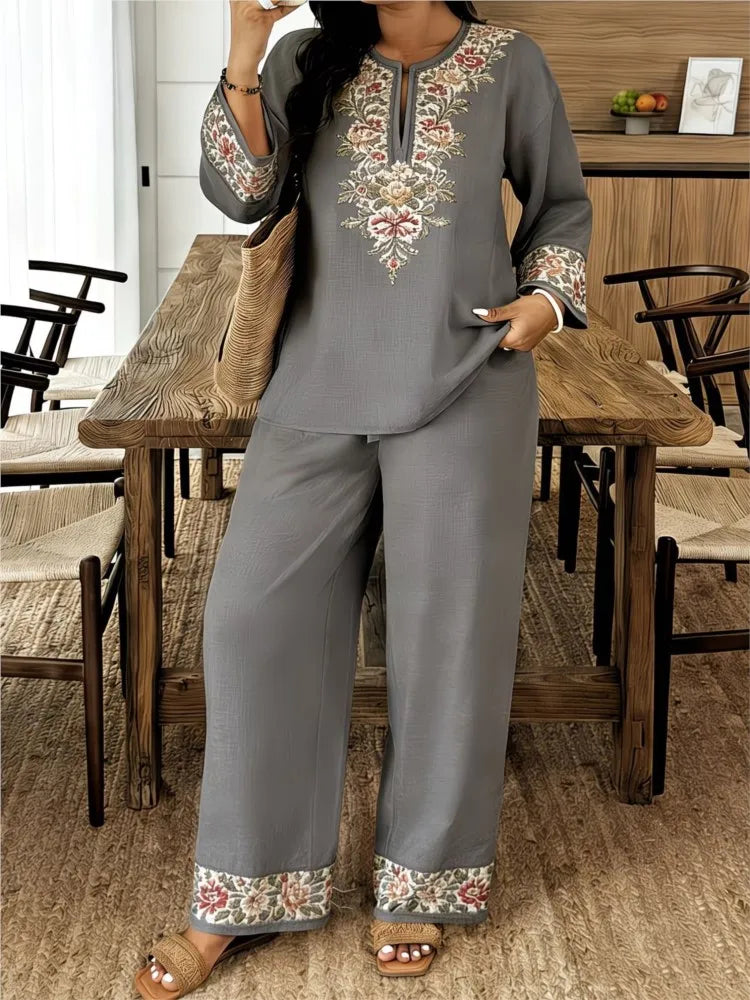 Fashion Retro Printed Long-sleeved O Neck Shirt And Trousers Women's Suit Autum Loose Simple Ethnic Female Trousers 2-piece Set